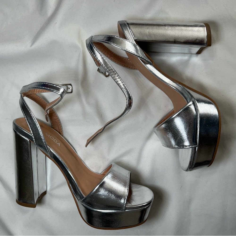 Silver Chunky Sandal Heels